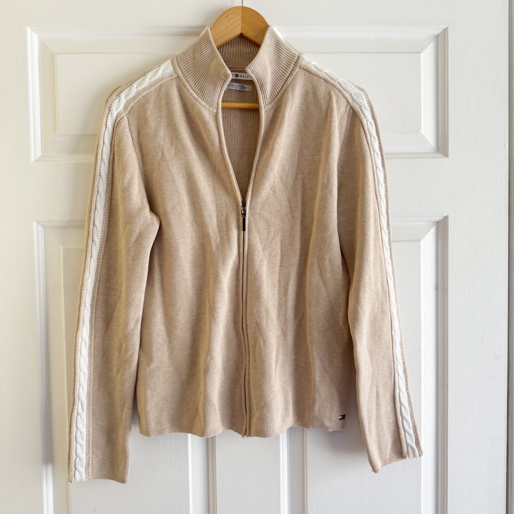 Vintage Y2K Tommy Hilfiger Full Zip Cardigan Sweater Cable Knit Sleeves Size M